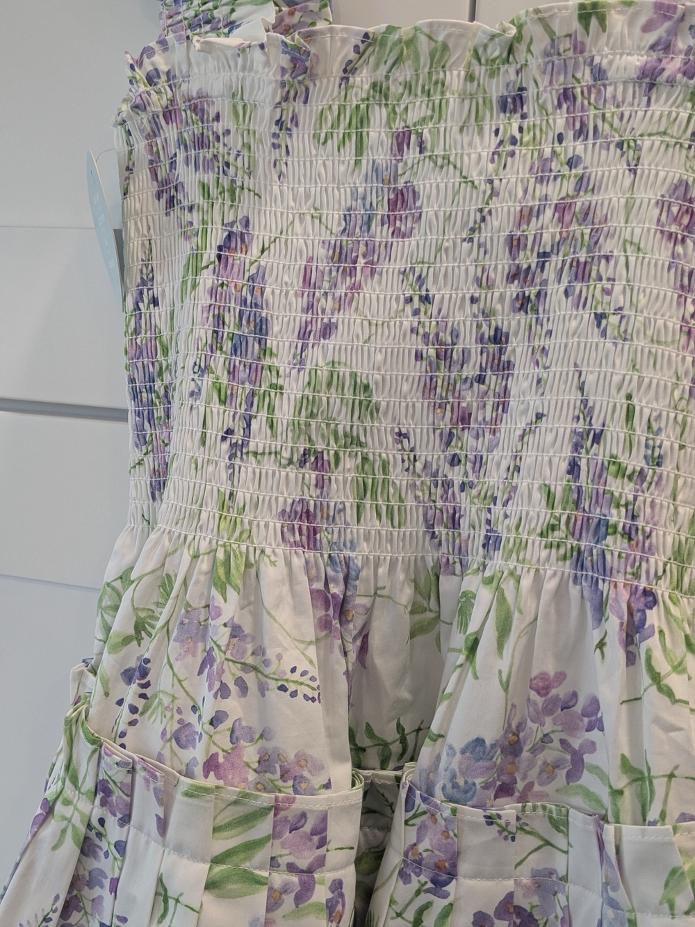Hill House White Floral Smocked Ruffle Mini Dress in Lavender and Green - Picture 3 of 9